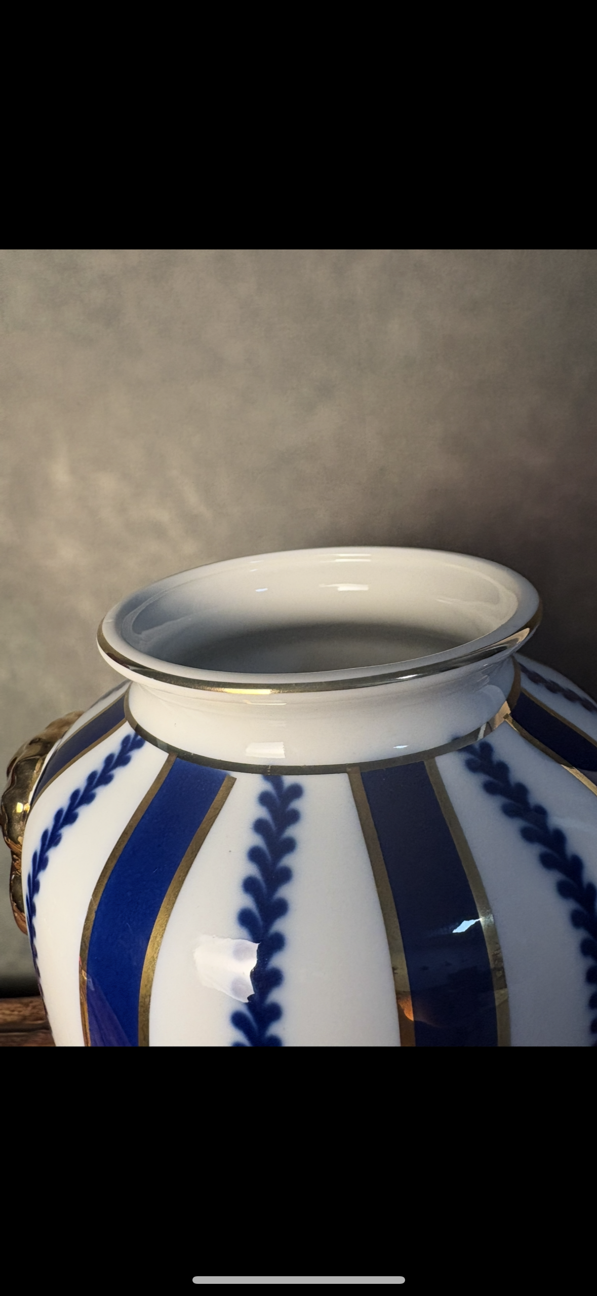 Signed Limoges Porcelain Vase — Blue & Gold Stripes with Rose Bouquet