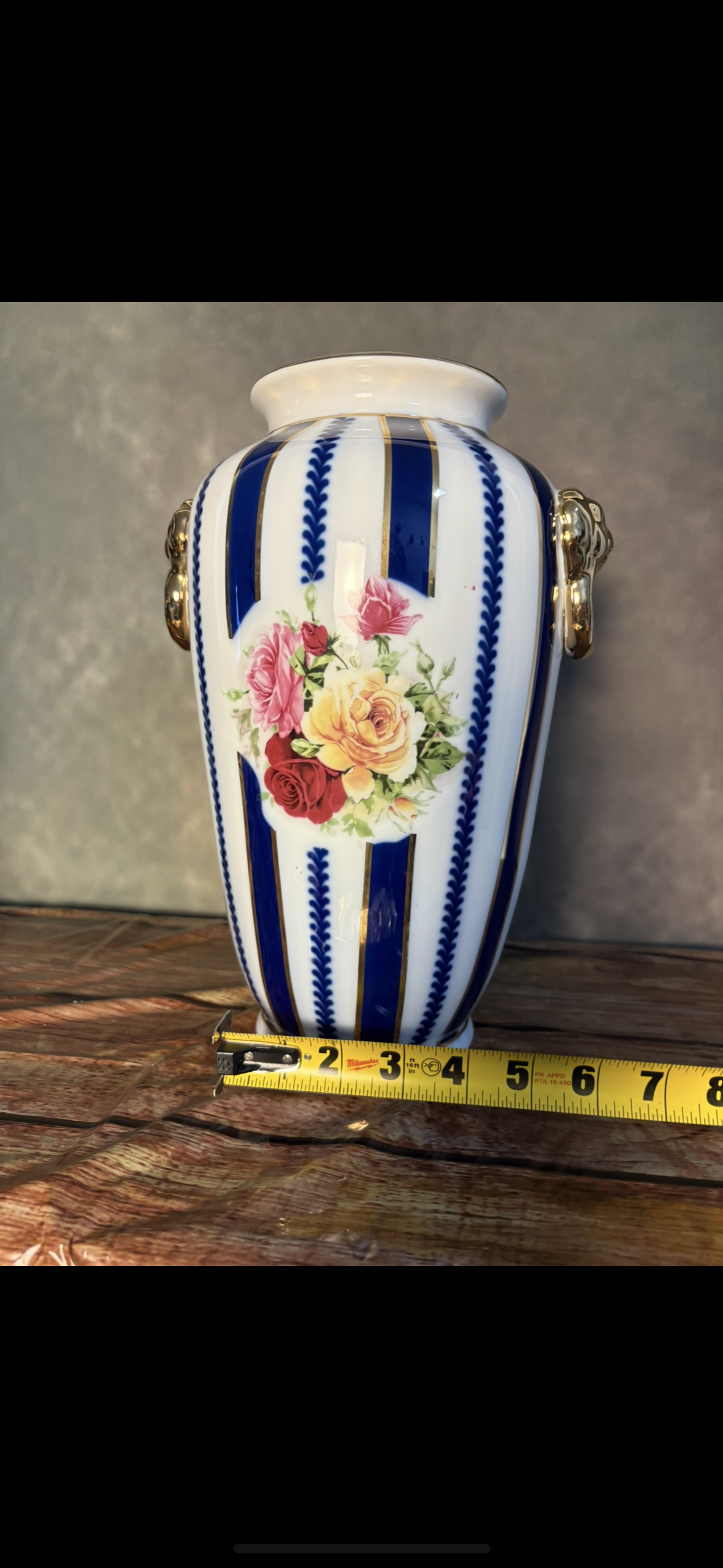 Signed Limoges Porcelain Vase — Blue & Gold Stripes with Rose Bouquet