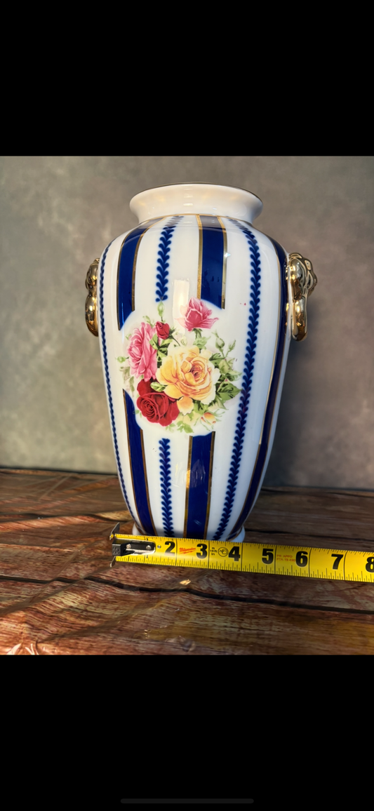 Signed Limoges Porcelain Vase — Blue & Gold Stripes with Rose Bouquet