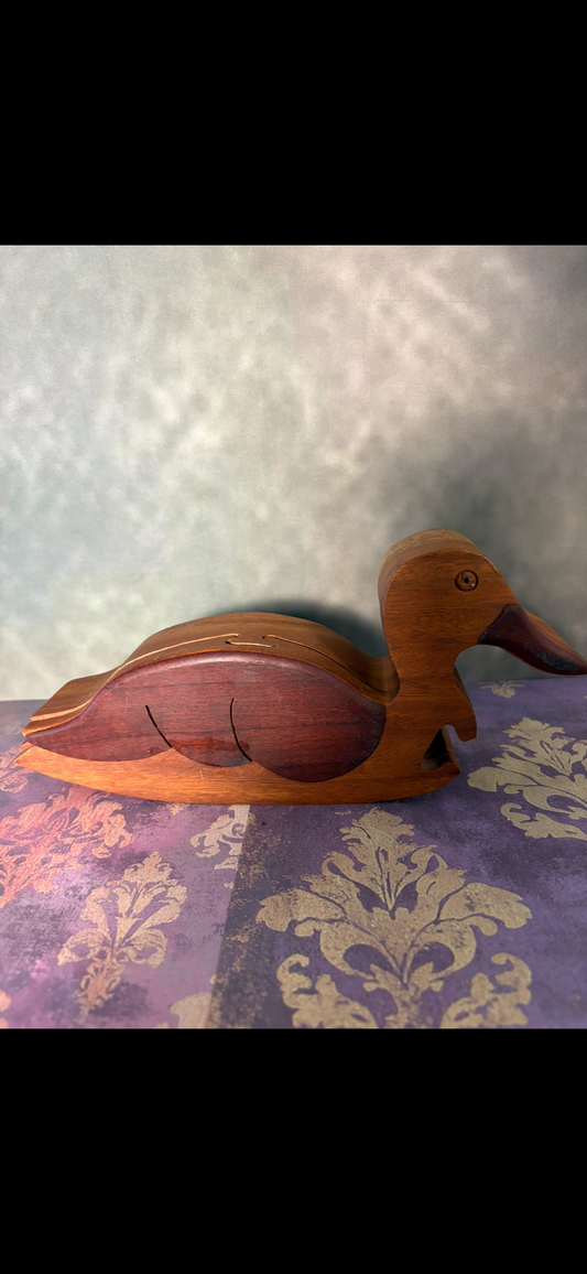 Hand-Carved Wooden Duck Puzzle Box with Hidden Compartment