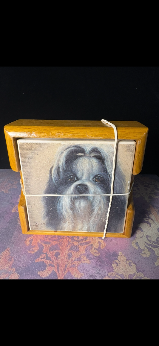 Vintage Shih Tzu Dog Coasters with Wooden Holder — Signed J. Gibson