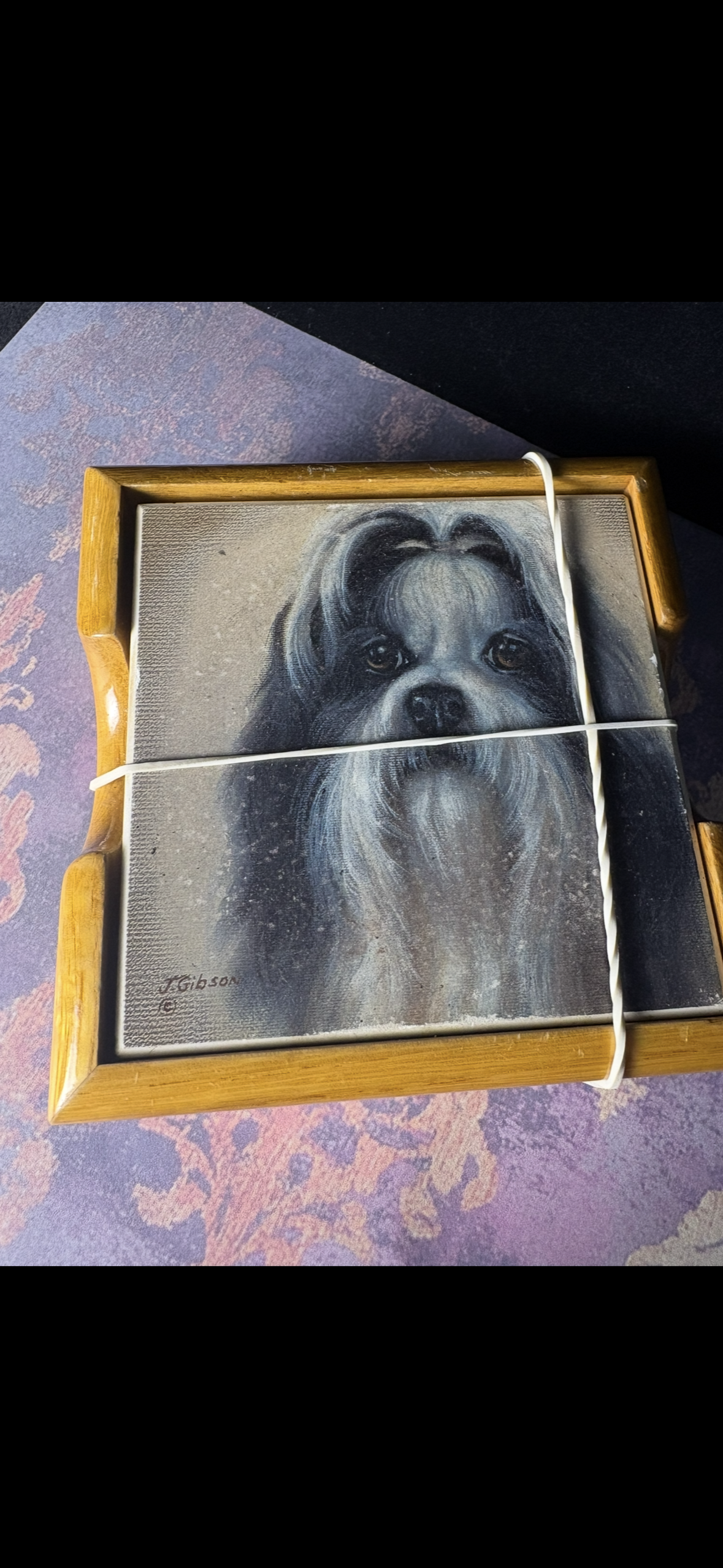 Vintage Shih Tzu Dog Coasters with Wooden Holder — Signed J. Gibson