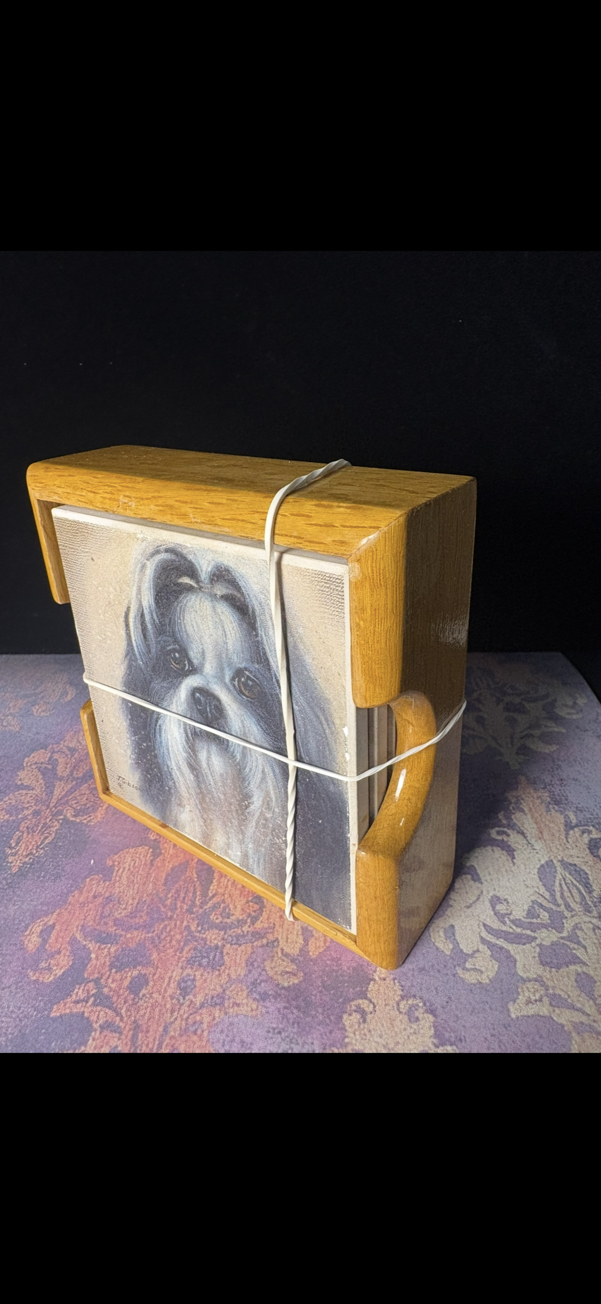 Vintage Shih Tzu Dog Coasters with Wooden Holder — Signed J. Gibson